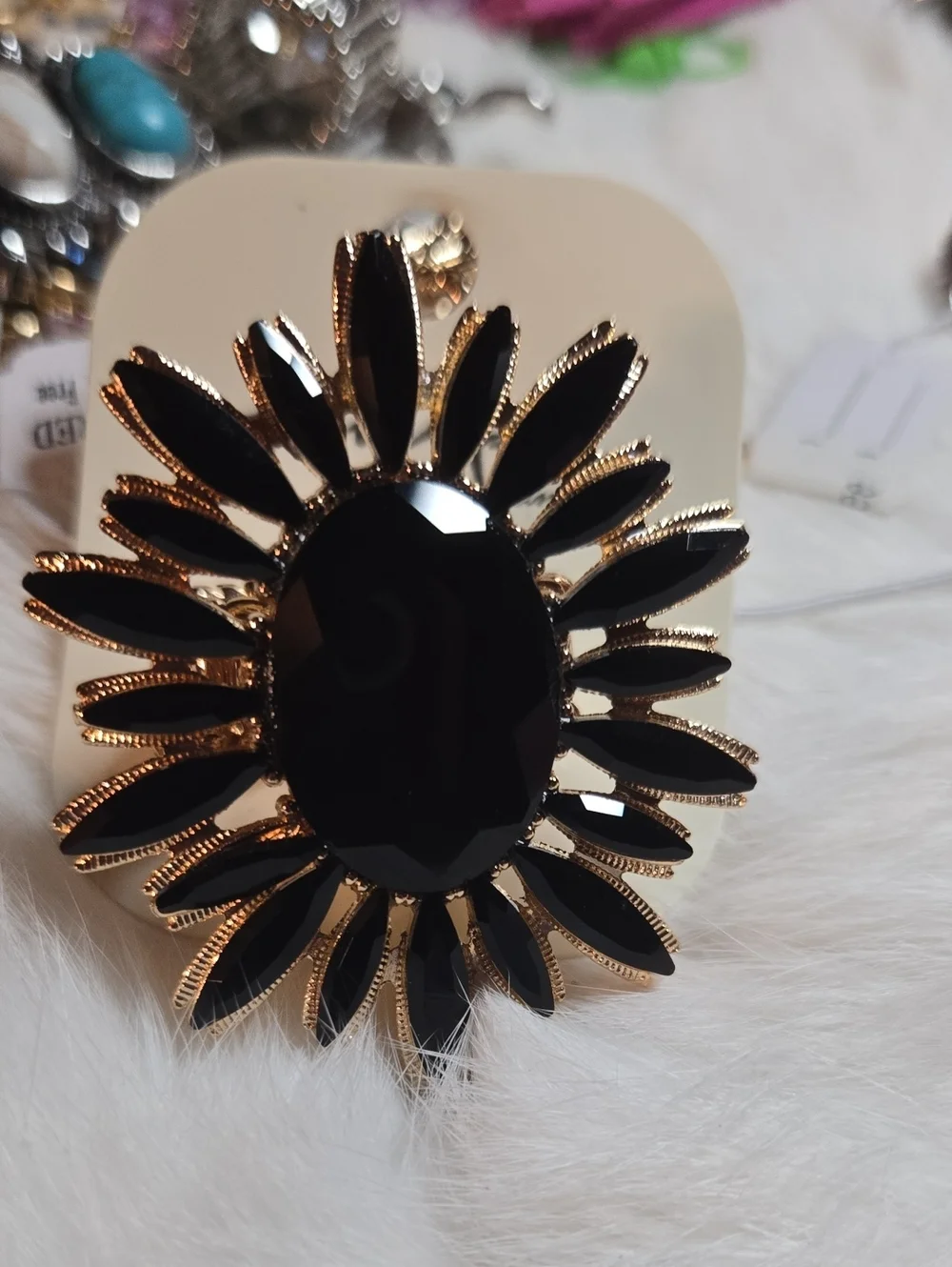 Elegant Black Sunburst Statement Adjustable Ring NWT